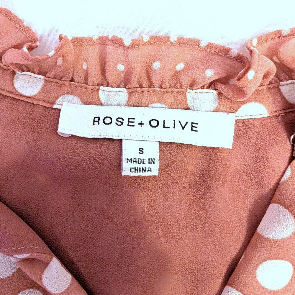 Rose + Olive | Pink Long Sleeve Ruffle Collar Polka Dot Blouse | Size Small - Picture 7 of 13